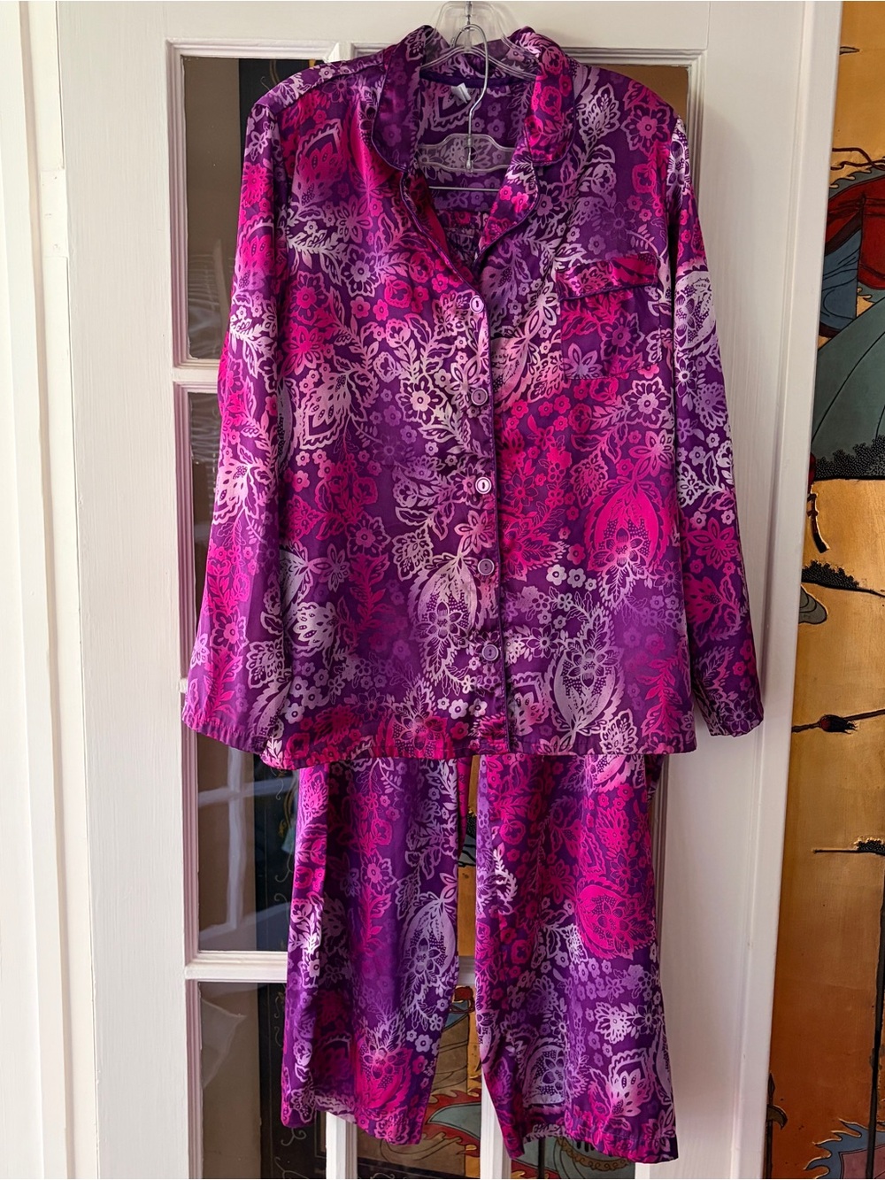 Jaclyn Smith Pink Purple Floral Satin Pajama Set Elastic Waist SZ XL Long Sleeve
